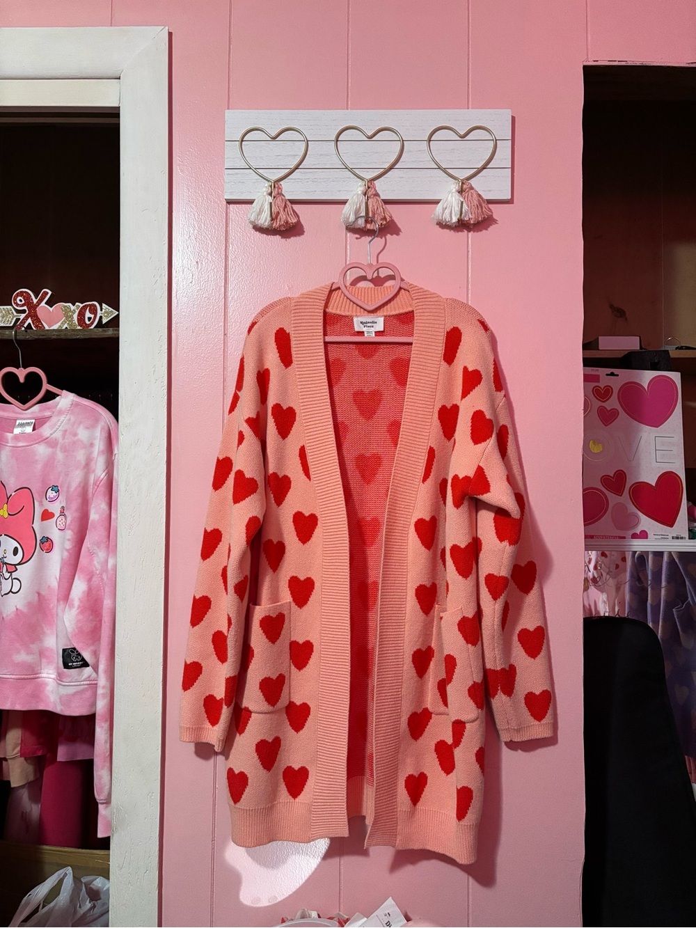 Light Pink & Red Hearts open long cardigan ♡ Magnolia Place